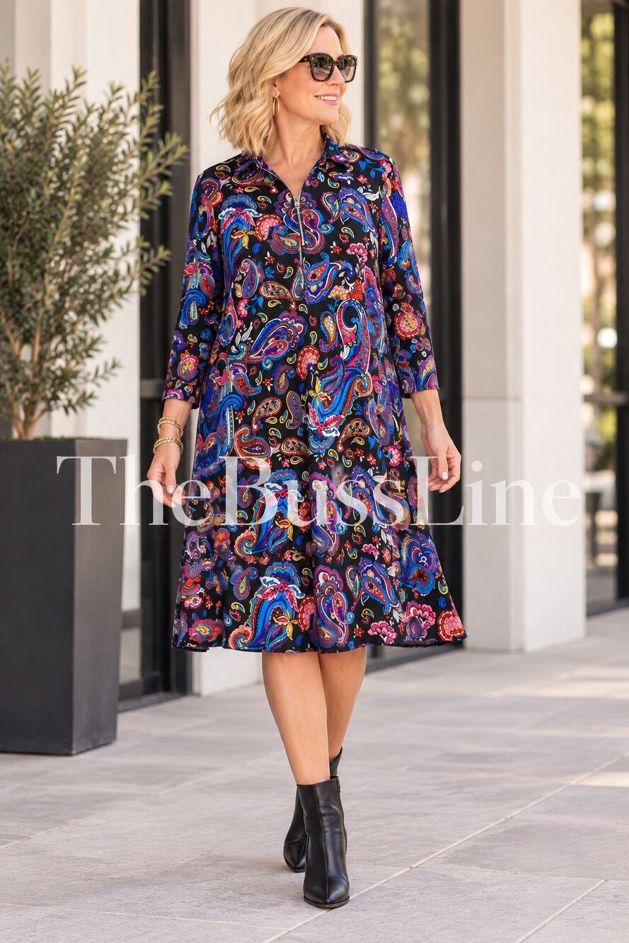 Ava & Grace Dress XL Black Multicolor Paisley Zip Front Long Sleeve Stretch